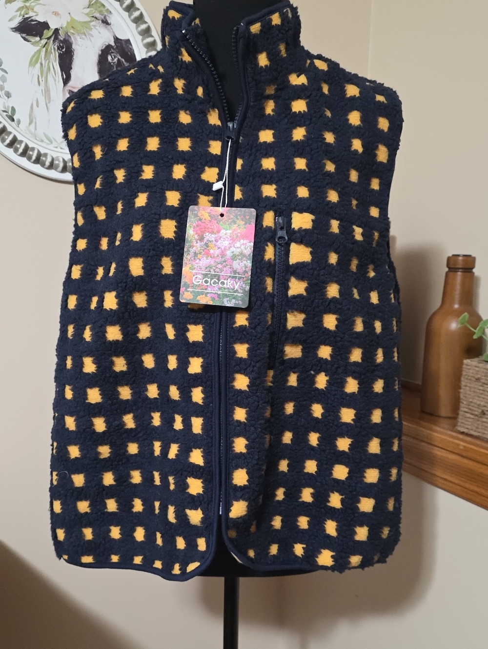 Women's Navy & Yellow Sherpa Fleece Vest
